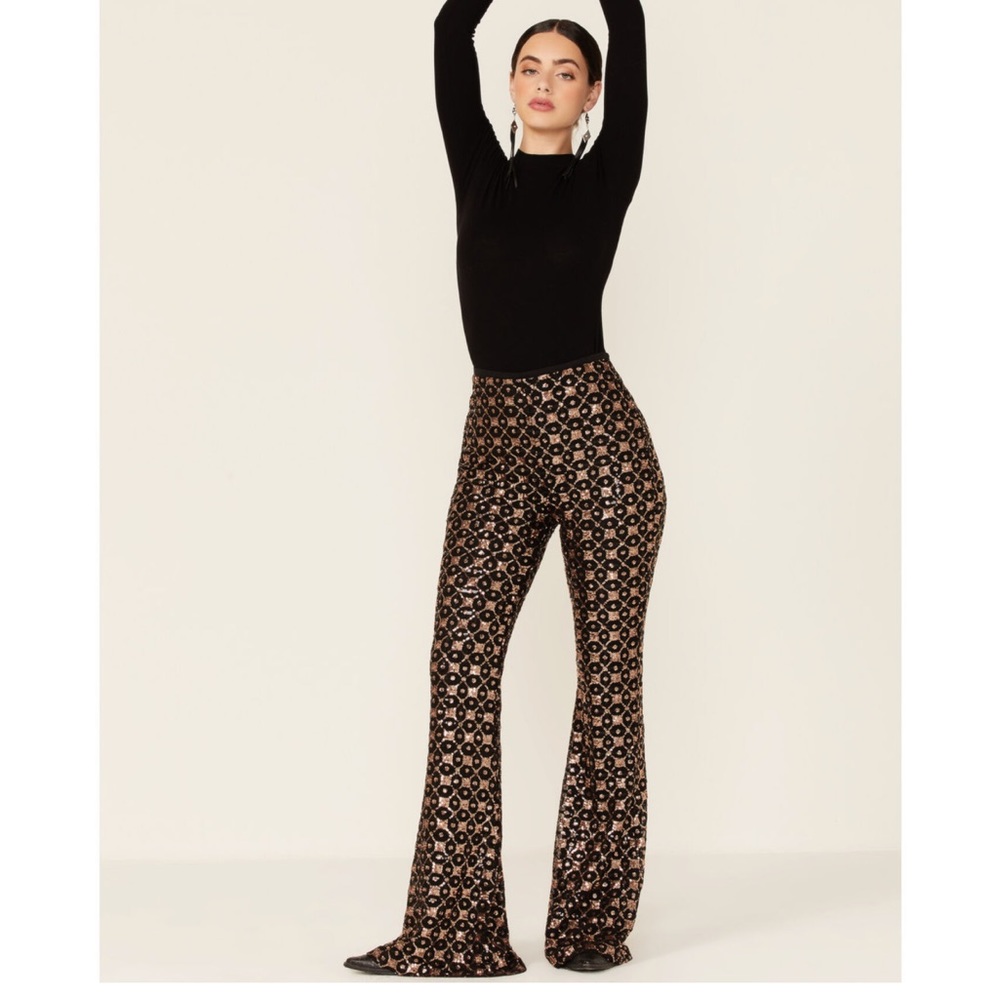 Shyanne Women's Gold High Rise Sequin Flare Pants